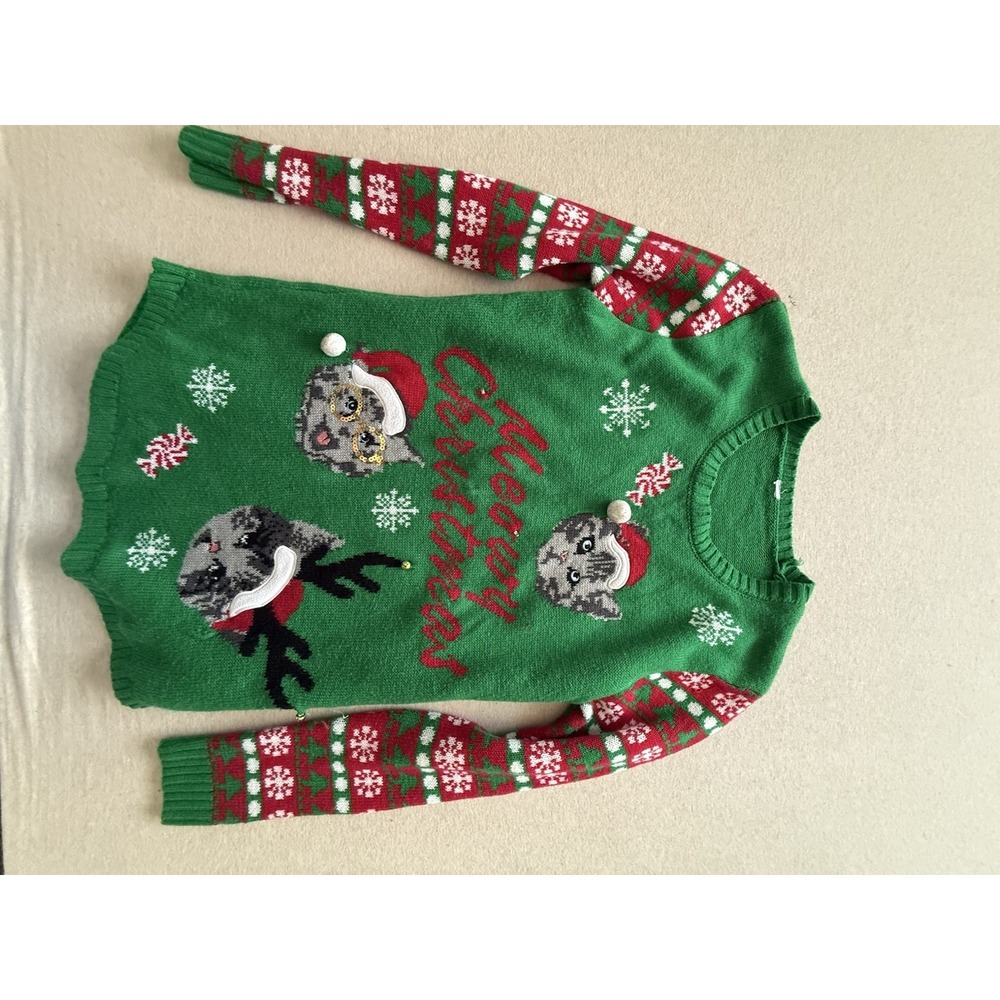 Christmas Sweater Green With Cats Size Large